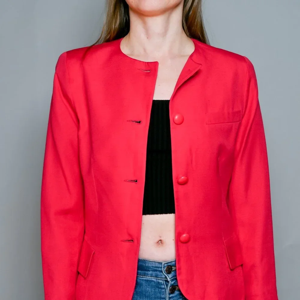 CHRISTIAN DIOR Vintage Bright Pink Collarless Blazer 4